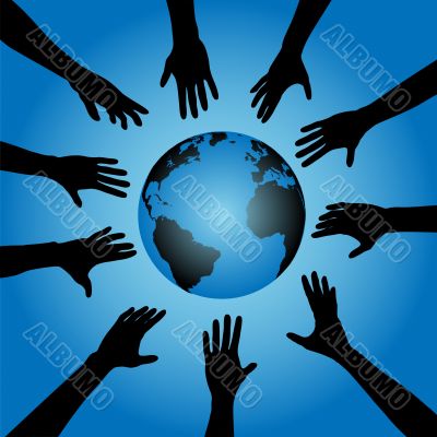People hands reach for globe earth