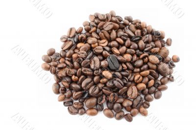 spilled coffee beans on white