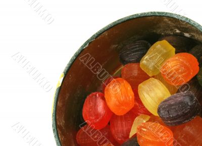colorful fruit drops in a metal box