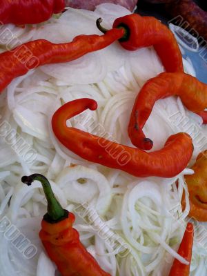 Cut Onions and Red Peppers