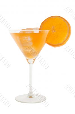 orange cocktail with slice of orange and ice cubs