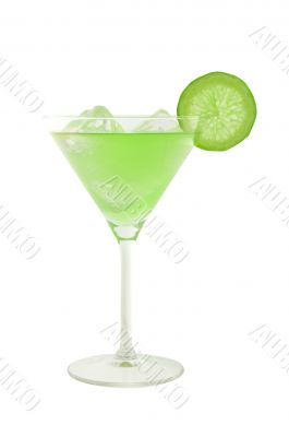 green cocktail with slice of lime and ice cubes
