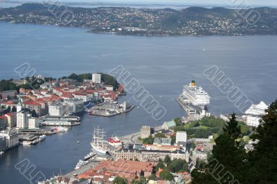 view of Bergen in Norway from the top of Mount Floyen.