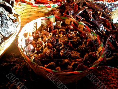 Basket Of Hot Peppers At The Market