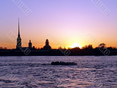 sunset on neva river. st-petersburg. russia