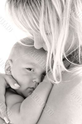 mother and son, isolated over white