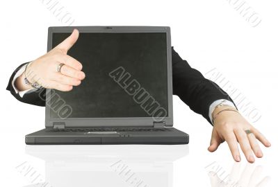 frienly laptop welcoming you - handshake