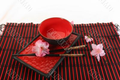 Chinese sticks, plate and cup