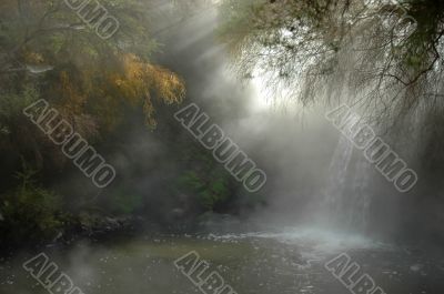 Hot waterfall and sunbeams.