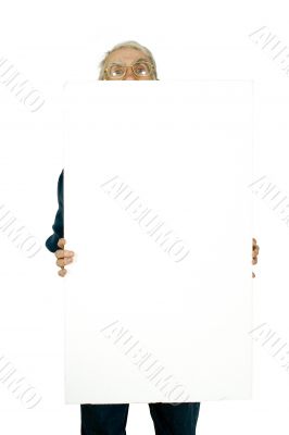 casual elderly guy with a banner