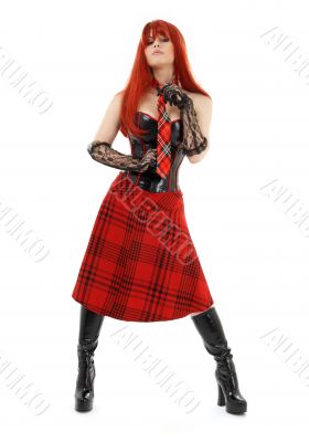 aggressive schoolgirl in black latex boots