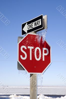 Stop and One Way Signs with Icicles