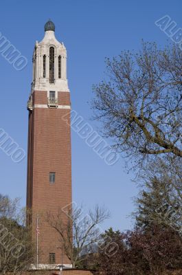 brick bell tower on left