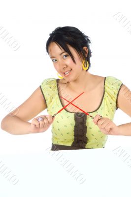 Female  with chopsticks(focus on sticks)