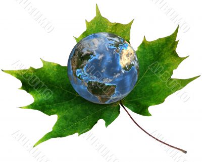 blue Earth on green maple leaf