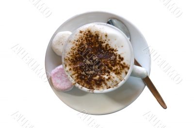 Fluffy, hot chocolate, coffee on white.