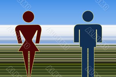 Man and woman standing in abstract landscape