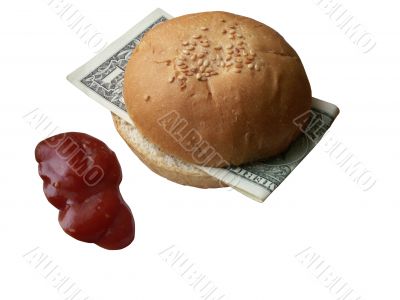 Business lunch with one dollar bill sandwich