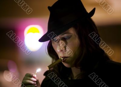 Woman Lighting Cigar