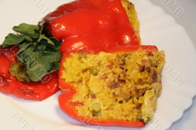 Red peppers stuffed with rice and vegetables