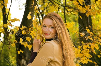 Portrait of the beautiful girl in autumn park