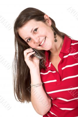 beautiful girl in red on the phone