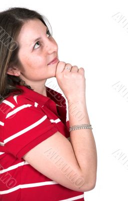 beautiful casual girl in red - pensive