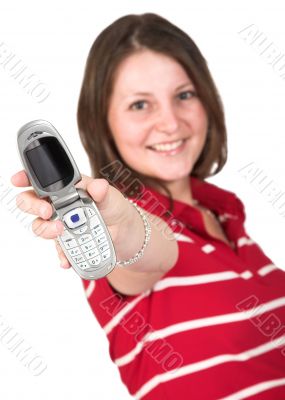 girl in red with mobile phone