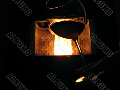 red wine and fireplace
