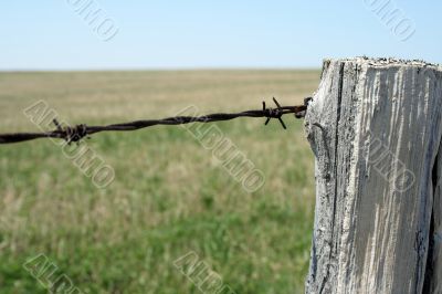 Old wooden post and barbed wire