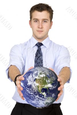 business man holding globe