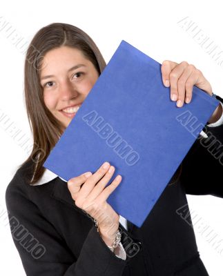 business woman holding blue folder