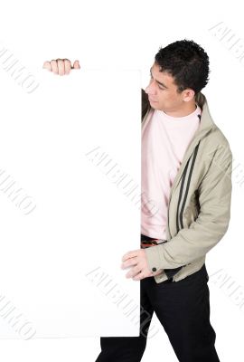 casual guy holding a white board