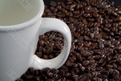 Coffee beans and white coffee cup