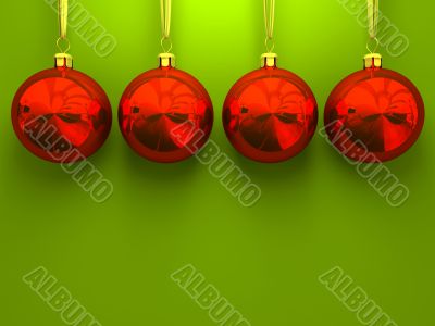Red christmas balls on green background 3D rendering