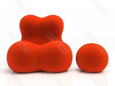 Red armchair and padded stool isolated on white background