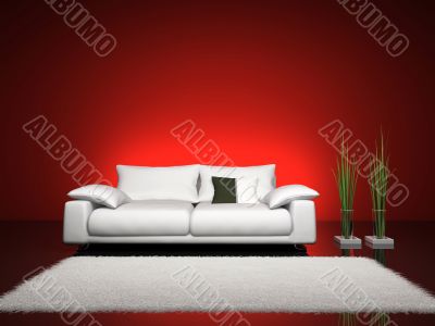 Fashionable interior with red wall 3D rendering