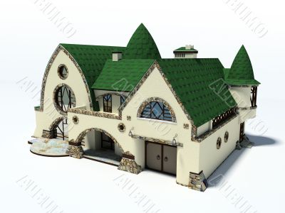 house with green roof on white background 3D rendering