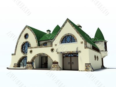house with green roof on white background 3D rendering 2