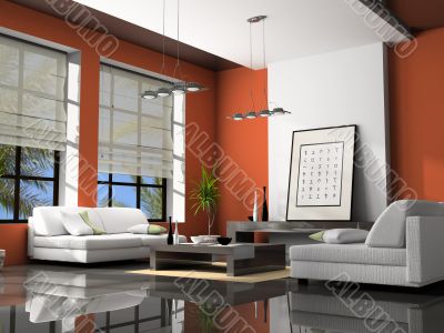 Home interior with sofas red 3D rendering