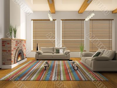Interior of drawing-room with fireplace 3D rendering