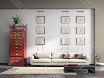 Home interior with Chinese furniture 3D rendering