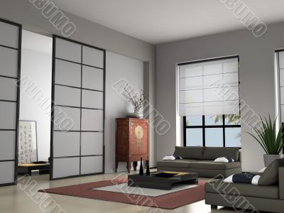 Home interior with Chinese furniture 3D rendering