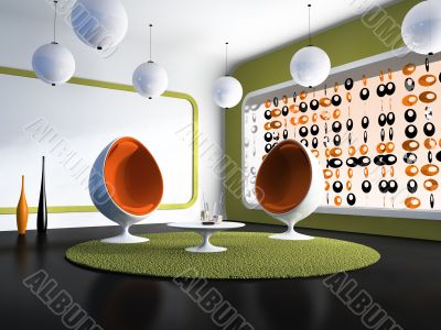 Modern interior with white chairs and table