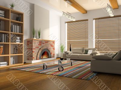 Interior of drawing-room with fireplace 3D rendering