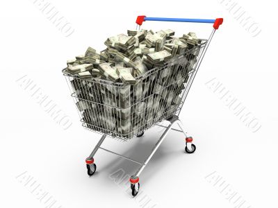 Shop pushcart with dollars 3D rendering