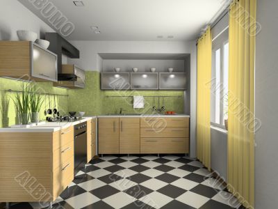 Interior of modern kitchen 3D rendering