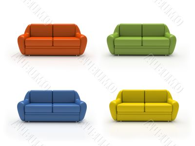 Four colourful sofas isolated on white background