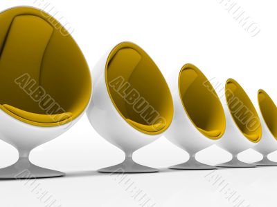 Five yellow chairs isolated on white background