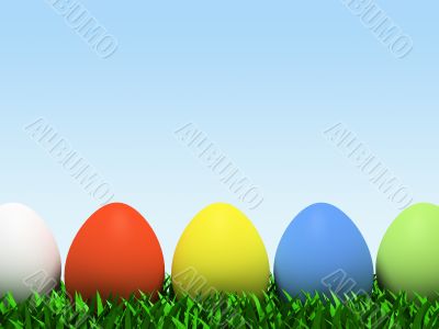 Five colorful eggs in row isolated on white background